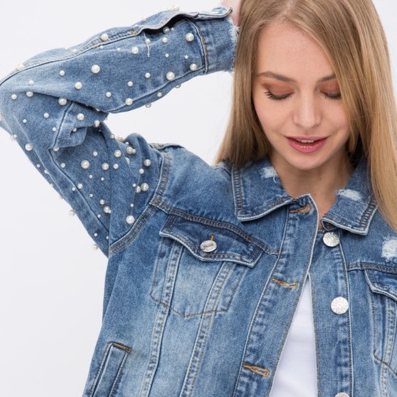 Blue Frayed Pearl Embellished Denim Jacket NWT - (#0001) - Picture 2 of 7